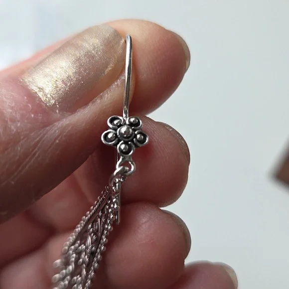 Vintage 925 Sterling Silver Filigree Dangle Earrings Boho Statement Fringe Light - Picture 7 of 8